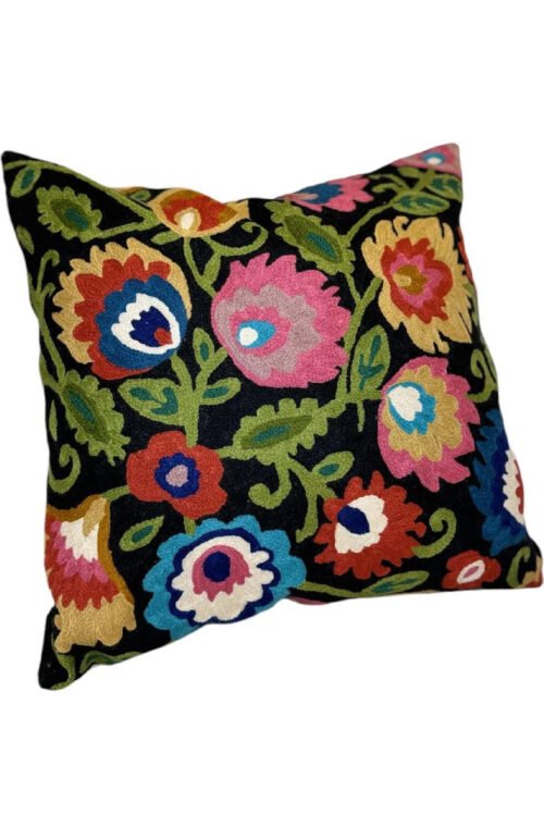Chain Stitch Cushion Cover – Midnight Floral Garden