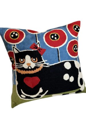 Chain Stitch Cushion Cover – Whimsical Cat & Poppies