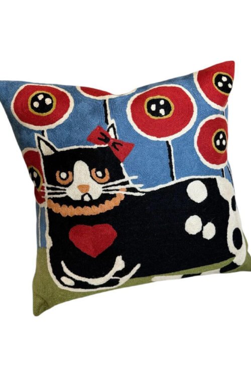 Chain Stitch Cushion Cover – Whimsical Cat & Poppies
