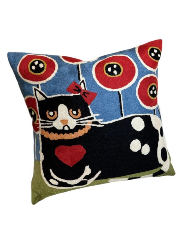 Chain Stitch Cushion Cover – Whimsical Cat & Poppies