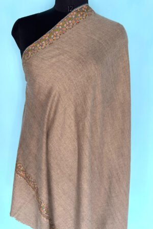 Pure Wool Shawl – Light Brown with Traditional Multicolor Sozni Embroidered Borders