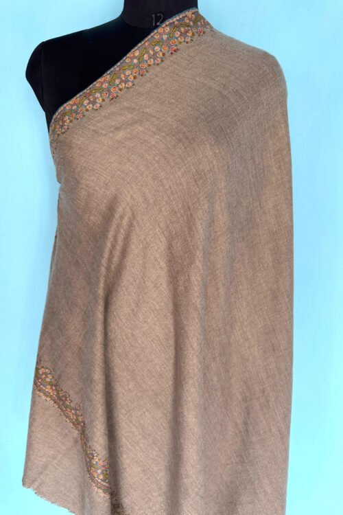 Pure Wool Shawl – Light Brown with Traditional Multicolor Sozni Embroidered Borders
