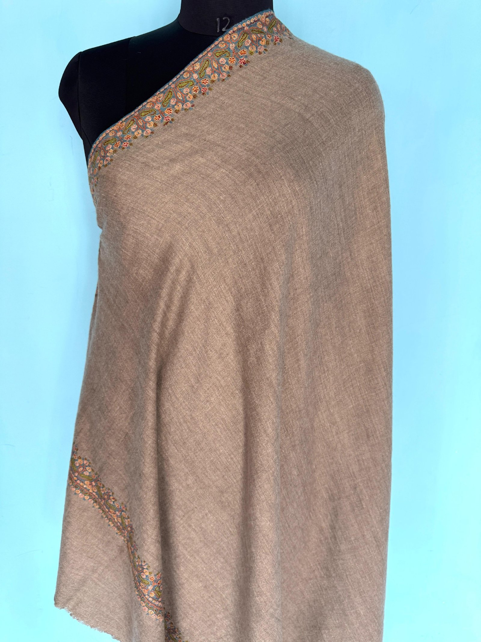 Pure Wool Shawl – Light Brown with Traditional Multicolor Sozni Embroidered Borders
