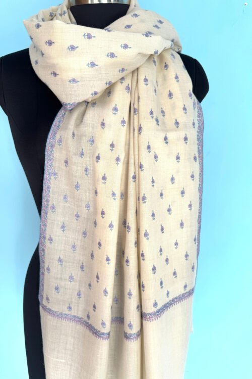 Off-White Fine Wool Shawl with Lavender Buti Embroidery & Border