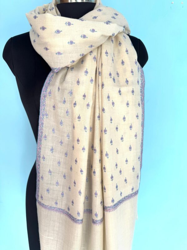 Off-White Fine Wool Shawl with Lavender Buti Embroidery & Border