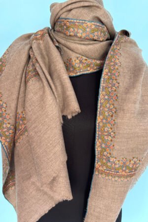 Handwoven Kashmiri Pashmina Shawl – Beige Elegance with Multicolor Sozni Embroidery