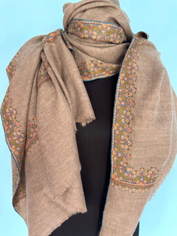 Handwoven Kashmiri Pashmina Shawl – Beige Elegance with Multicolor Sozni Embroidery
